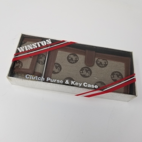 Winston Boxed Set Clutch Purse Wallet Key Case Astrology Leo Lion Check Y2K - Picture 2 of 10